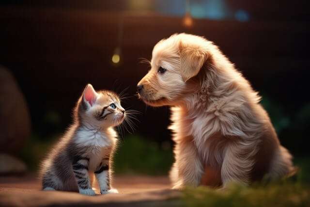 子猫と子犬が向き合う